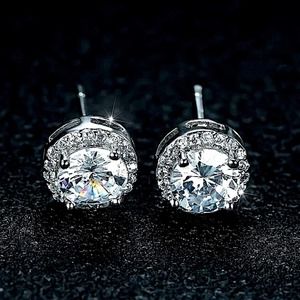 White Gold Zircon Stud Earrings, Round Cut